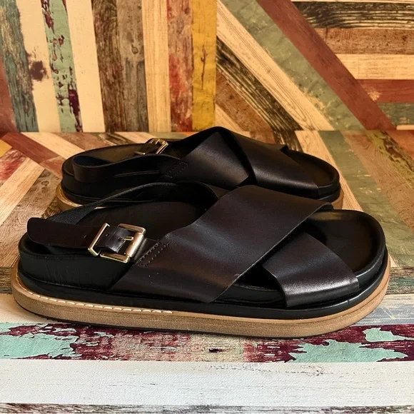 ALOHAS Marshmallow Black Leather Crossover Slingback Sandals - Picture 5 of 9